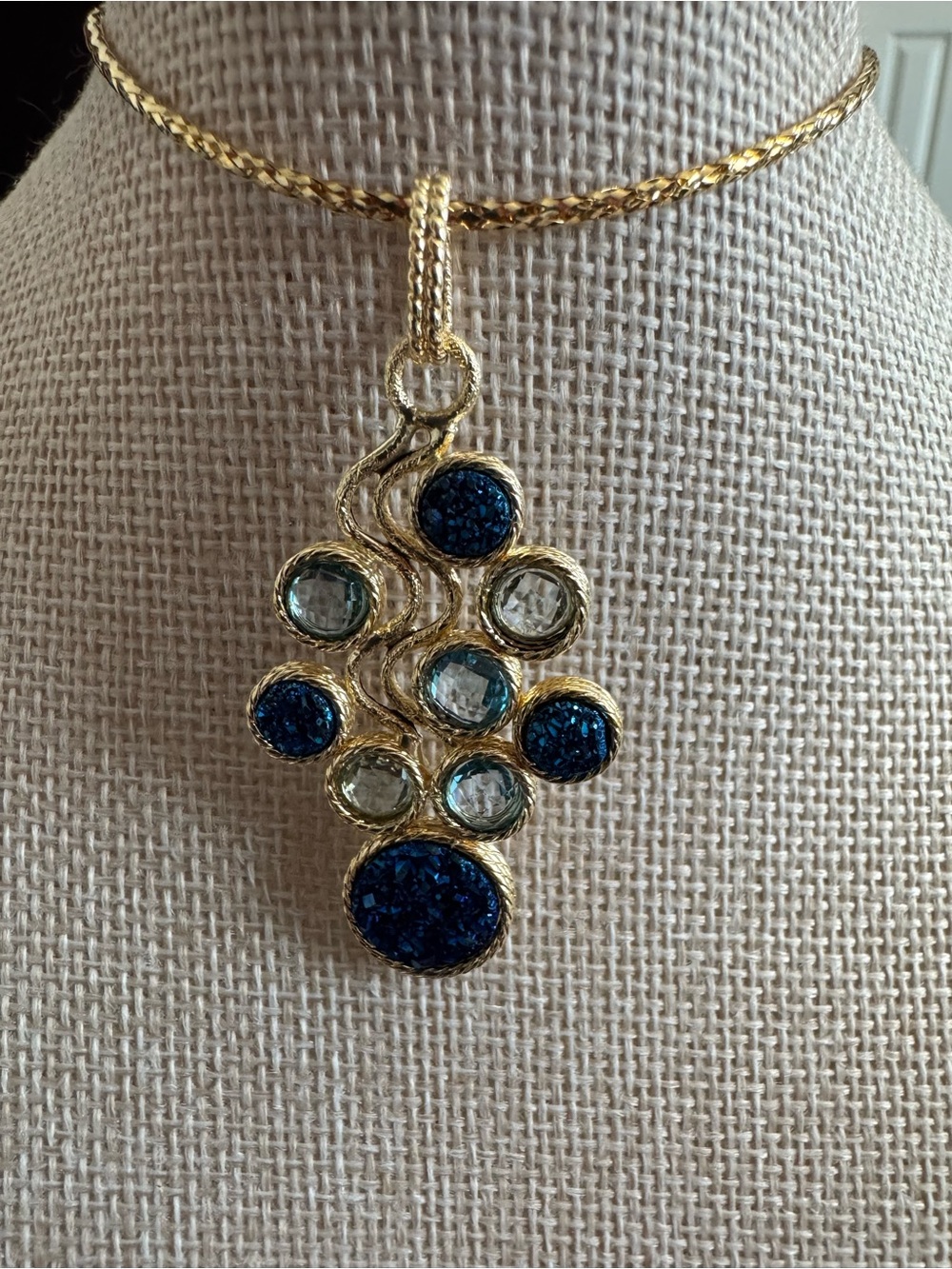 14k Italian YGold Necklace w/Blue Topaz & Sapphire Blue Druzy Swirl Gold Pendant